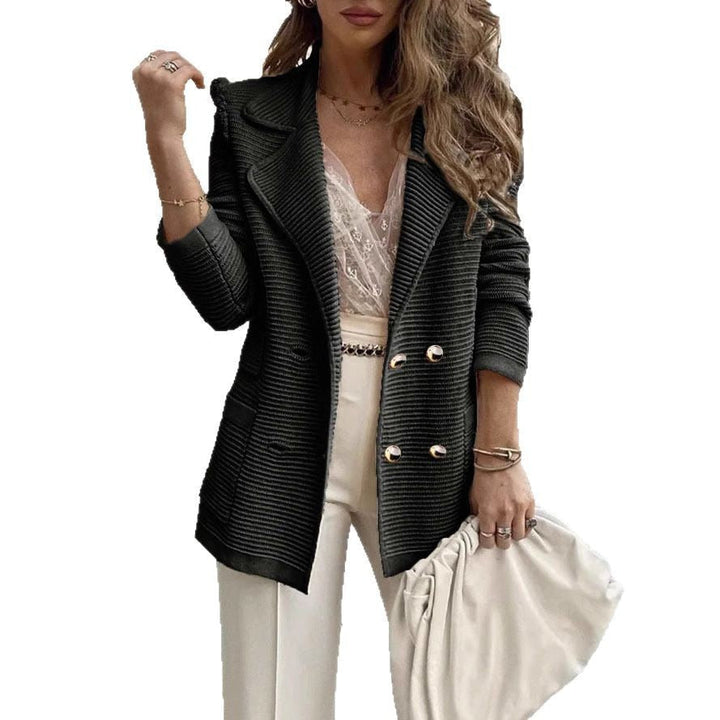 Women's Double-Breasted Ribbed Knit Cardigan with Notched Lapel