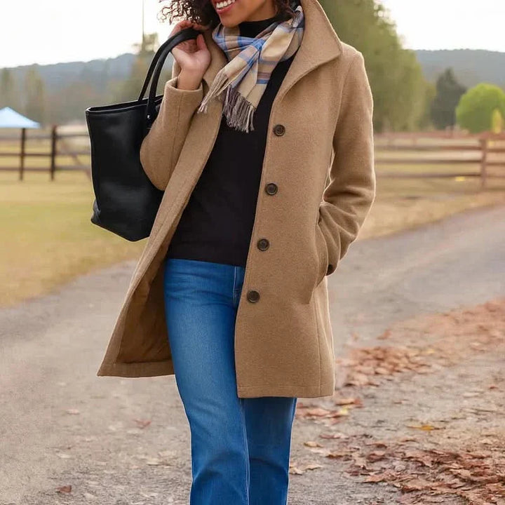 Women's Wool Blend Pea Coat with Button Front and Notched Lapel