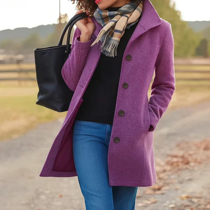 Women's Wool Blend Pea Coat with Button Front and Notched Lapel