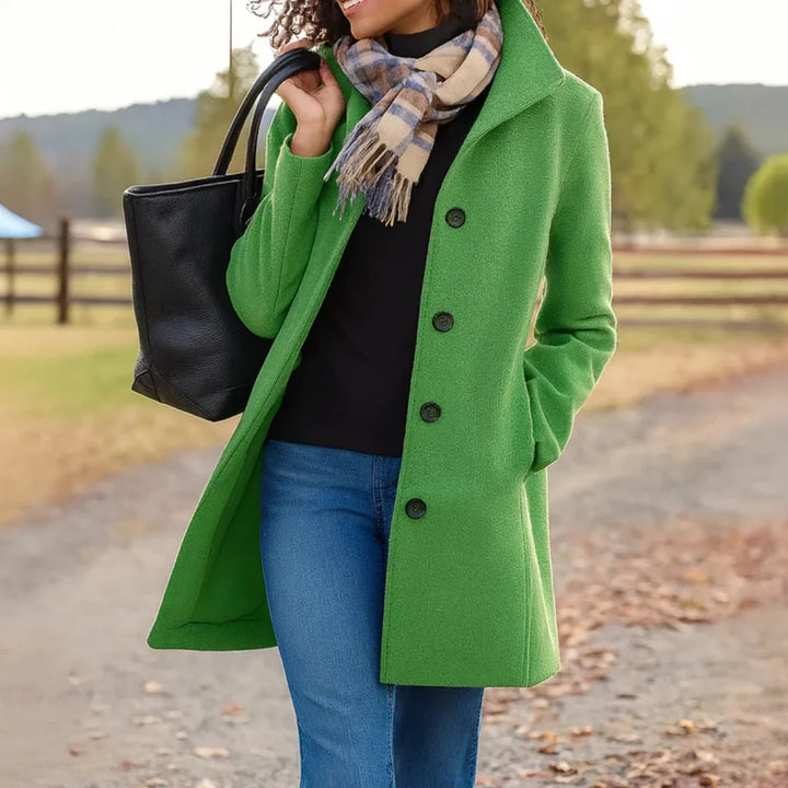 Women's Wool Blend Pea Coat with Button Front and Notched Lapel