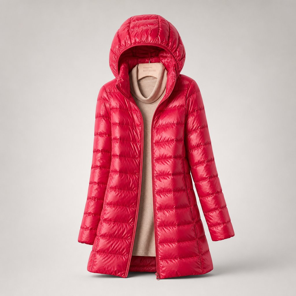 Women's Ultralight Hooded Long Line Puffer Down Jacket in Pink