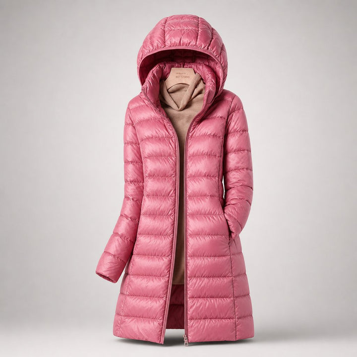 Women's Ultralight Hooded Long Line Puffer Down Jacket in Pink