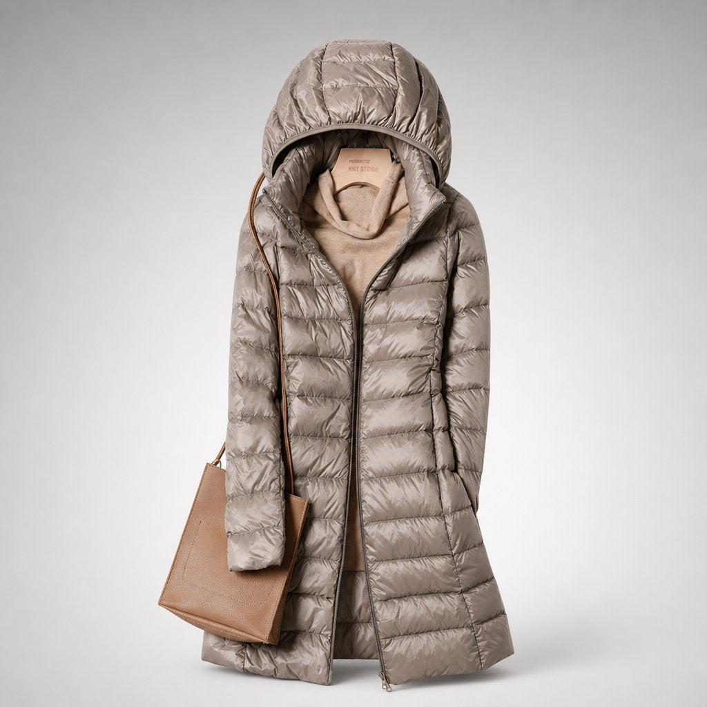 Women's Ultralight Hooded Long Line Puffer Down Jacket in Pink