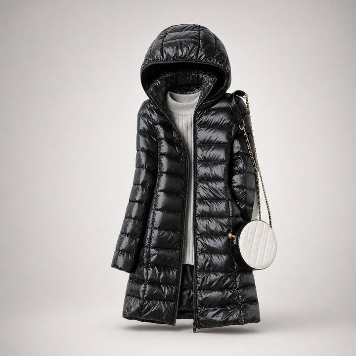 Women's Ultralight Hooded Long Line Puffer Down Jacket in Pink
