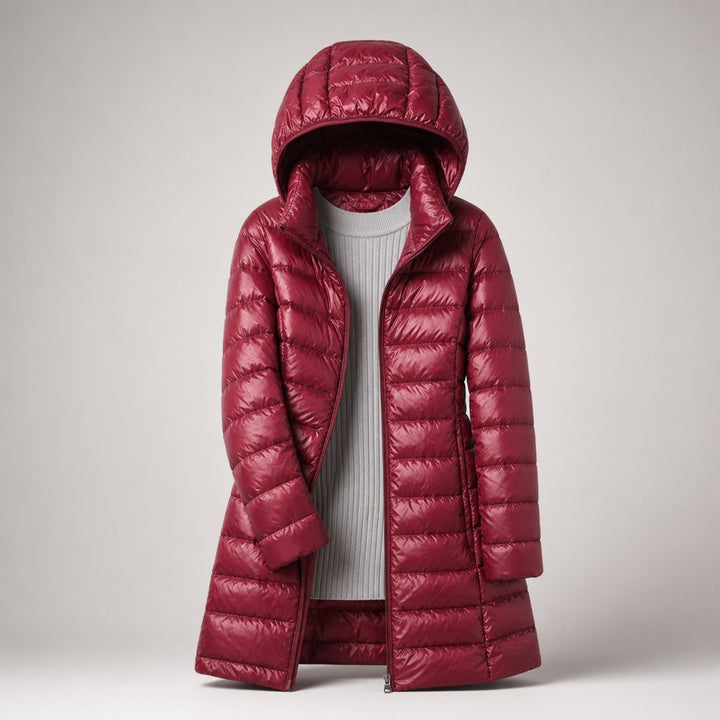 Women's Ultralight Hooded Long Line Puffer Down Jacket in Pink