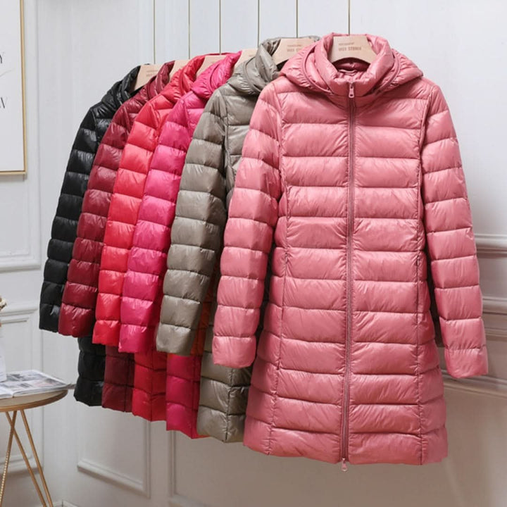 Women's Ultralight Hooded Long Line Puffer Down Jacket in Pink