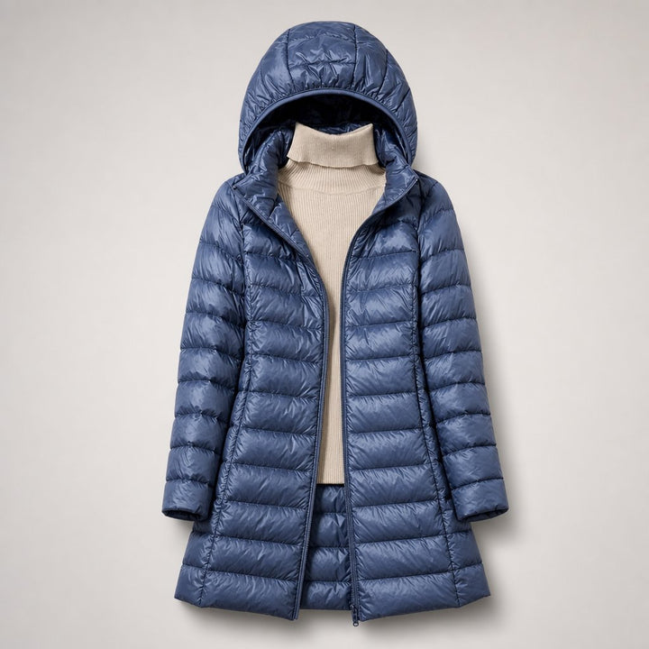Women's Ultralight Hooded Long Line Puffer Down Jacket in Pink