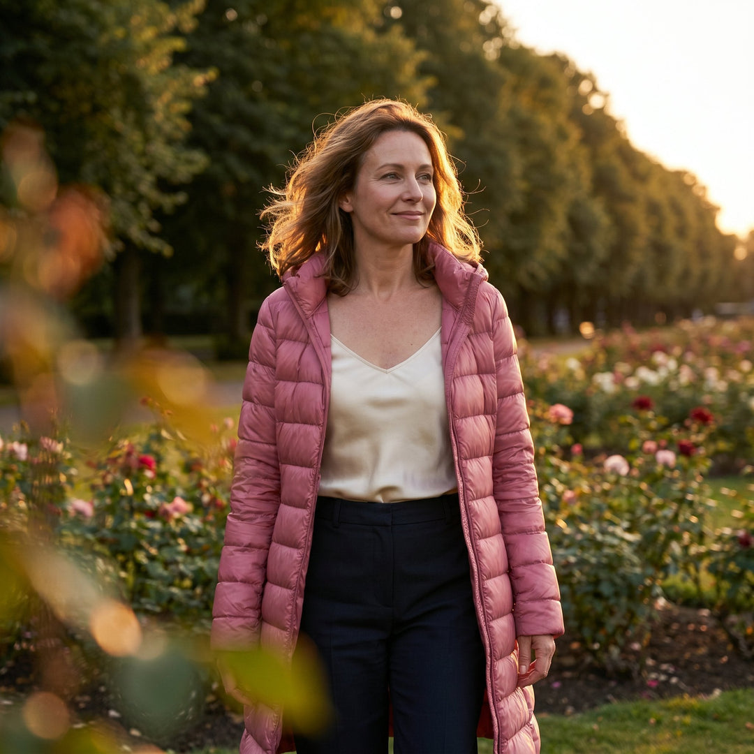 Women's Ultralight Hooded Long Line Puffer Down Jacket in Pink