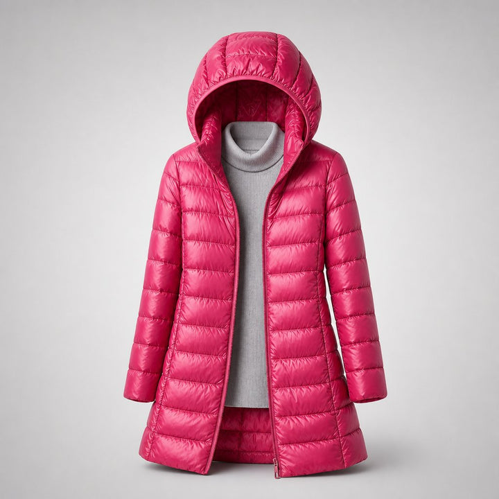 Women's Ultralight Hooded Long Line Puffer Down Jacket in Pink