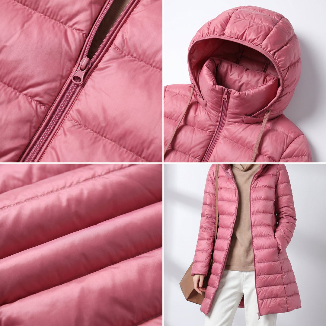 Women's Ultralight Hooded Long Line Puffer Down Jacket in Pink