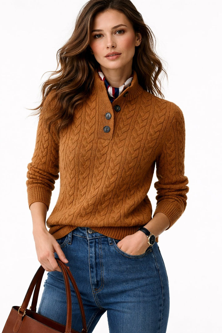 Clara | Cable Knit Button Mock Neck Wool Blend Pullover Sweater for Women