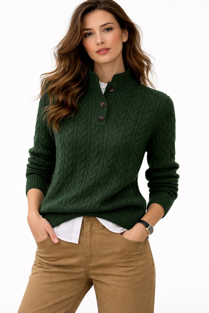 Women's Cable Knit Wool Blend Button-Neck Pullover Sweater