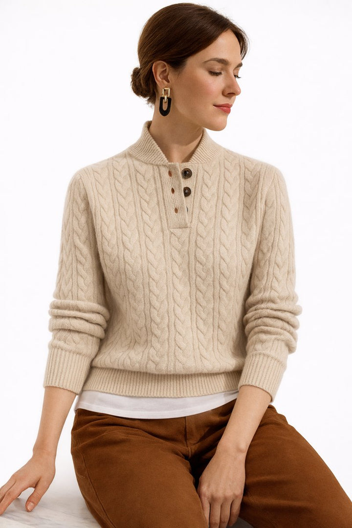Women's Cable Knit Wool Blend Button-Neck Pullover Sweater