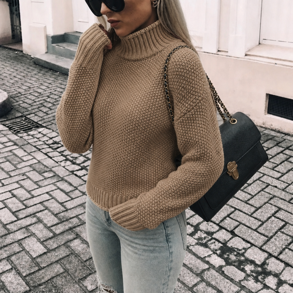 Women's Chunky Knit Oversized Turtleneck Jumper in Cream