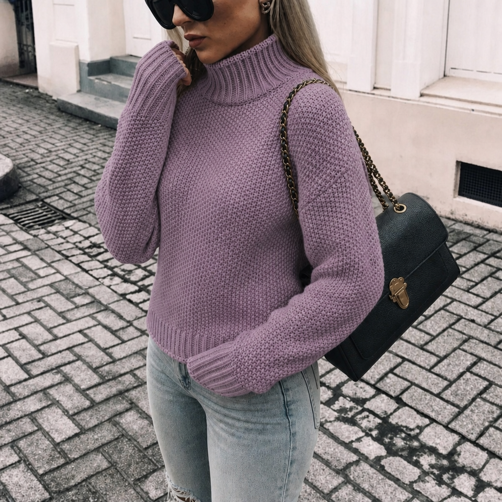 Women's Chunky Knit Oversized Turtleneck Jumper in Cream