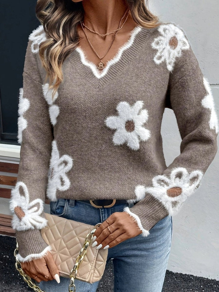 Women's Daisy Floral Fuzzy Knit Pullover Sweater with V-Neck and Long Sleeves