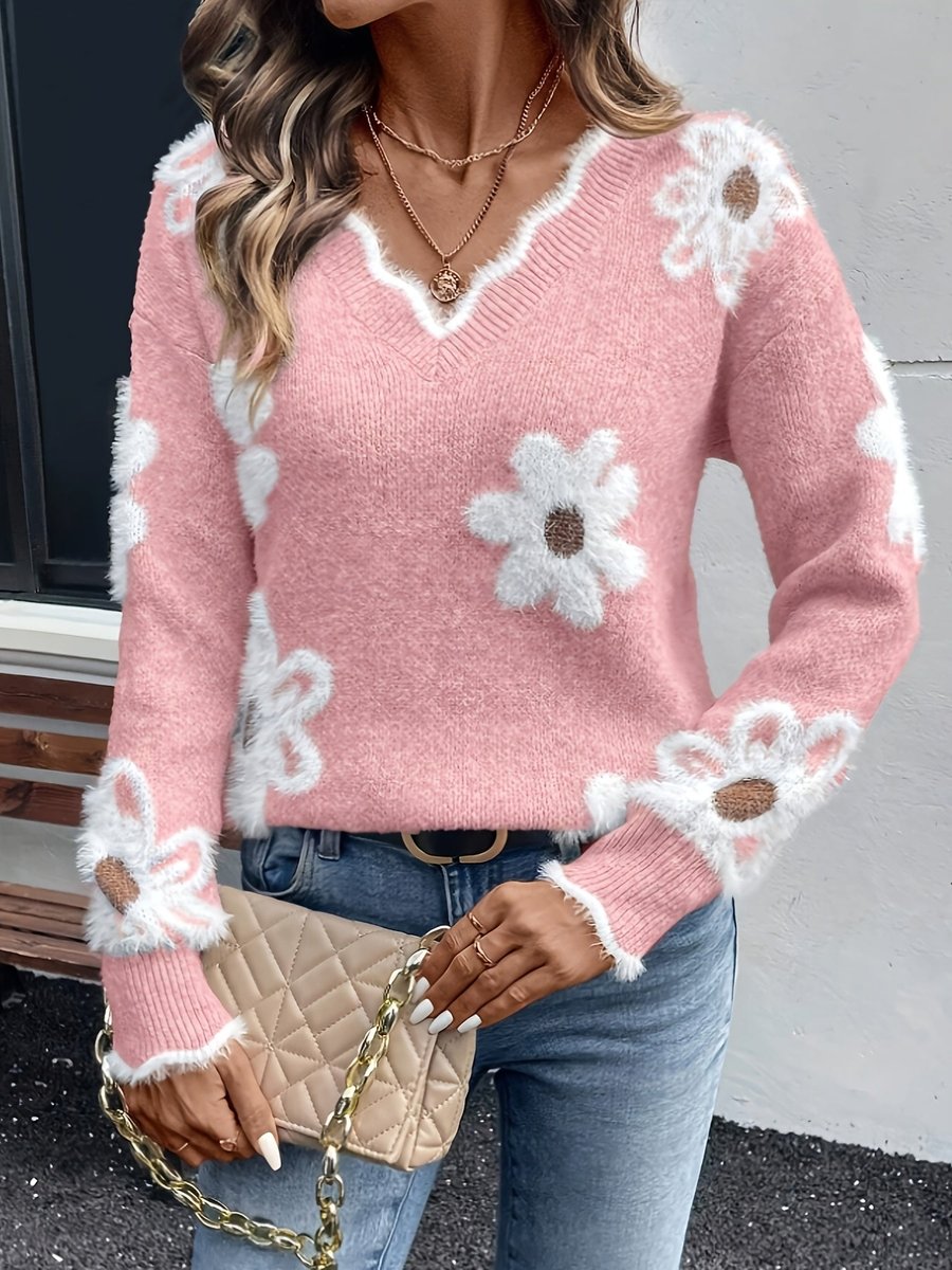 Women's Daisy Floral Fuzzy Knit Pullover Sweater with V-Neck and Long Sleeves