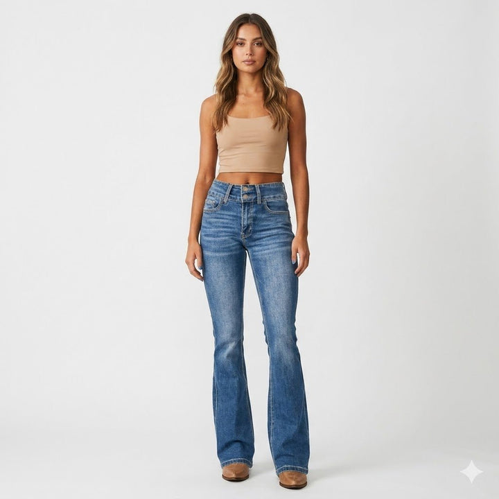 Willow High Waist Double Button Flare Jeans in Medium Wash