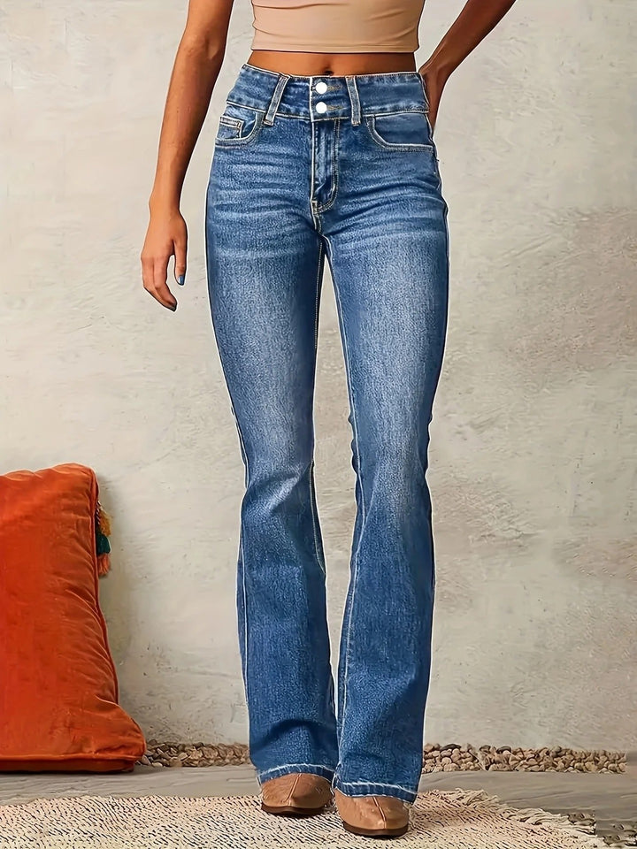 Willow High Waist Double Button Flare Jeans in Medium Wash