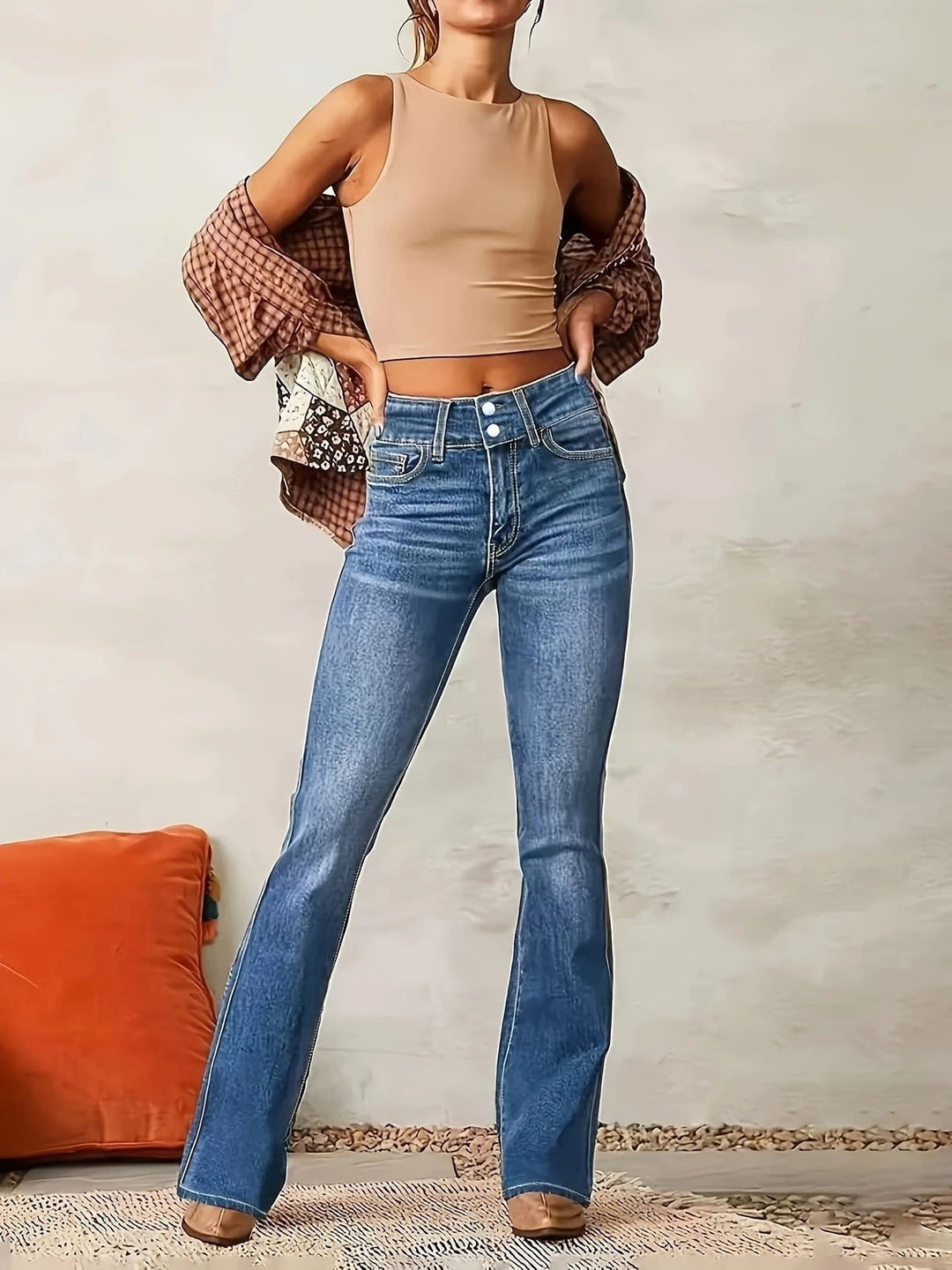 Willow High Waist Double Button Flare Jeans in Medium Wash