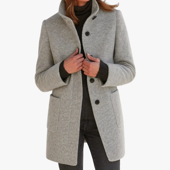 Women's Mid-Length Wool Blend Coat with Stand Collar and Patch Pockets