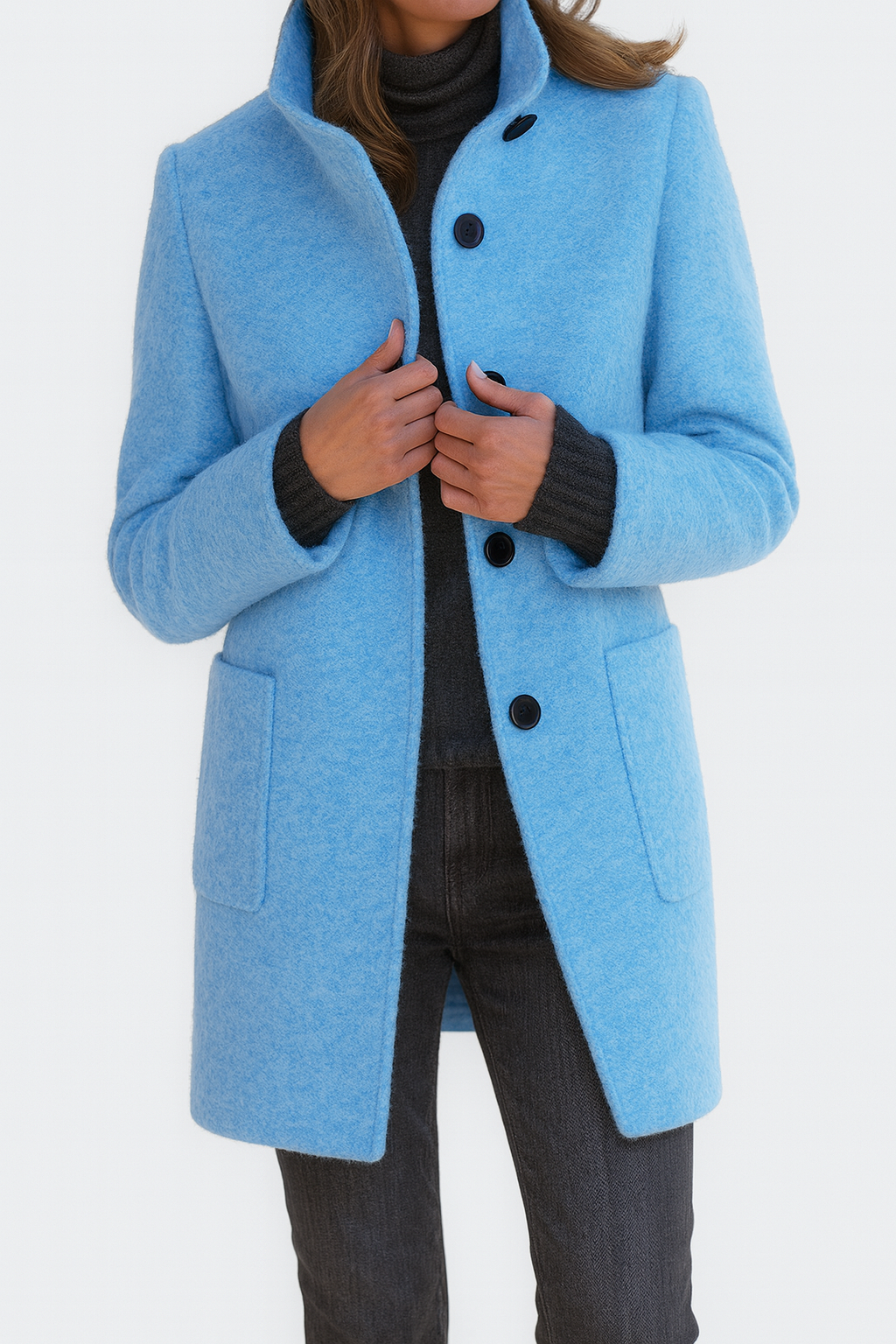 Women's Mid-Length Wool Blend Coat with Stand Collar and Patch Pockets