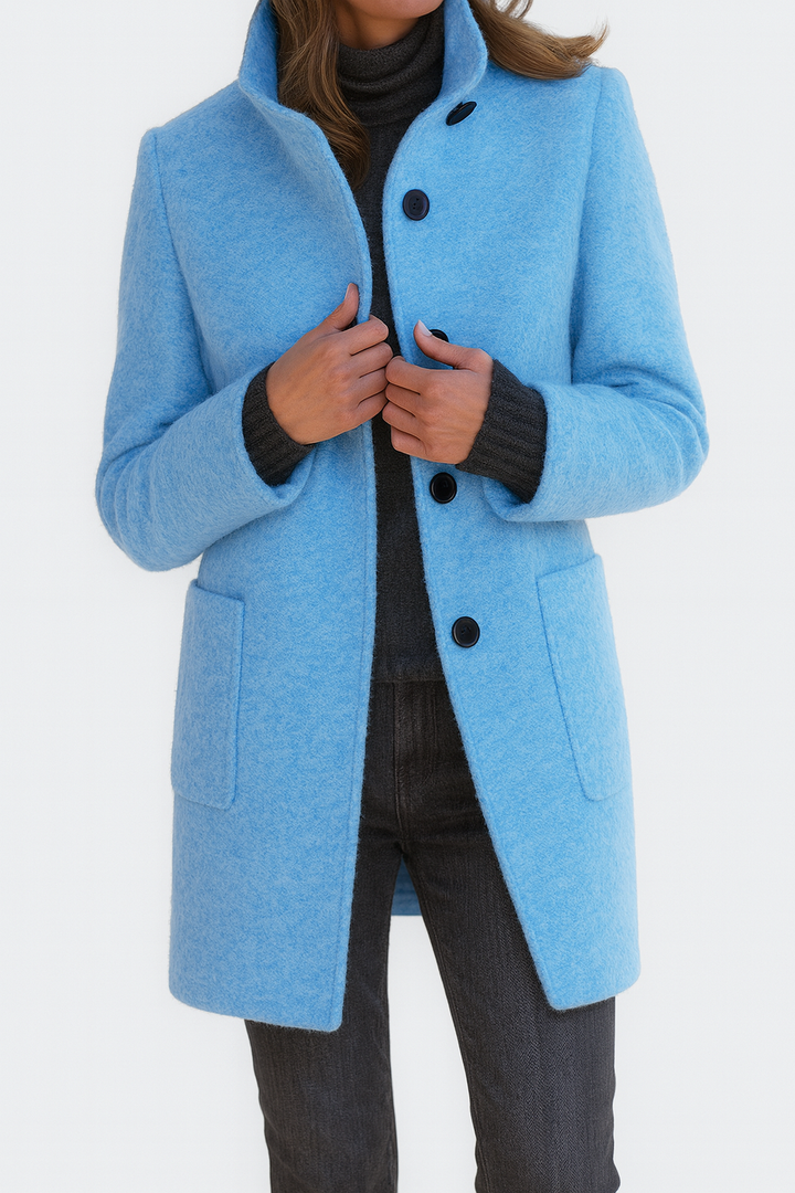 Women's Mid-Length Wool Blend Coat with Stand Collar and Patch Pockets