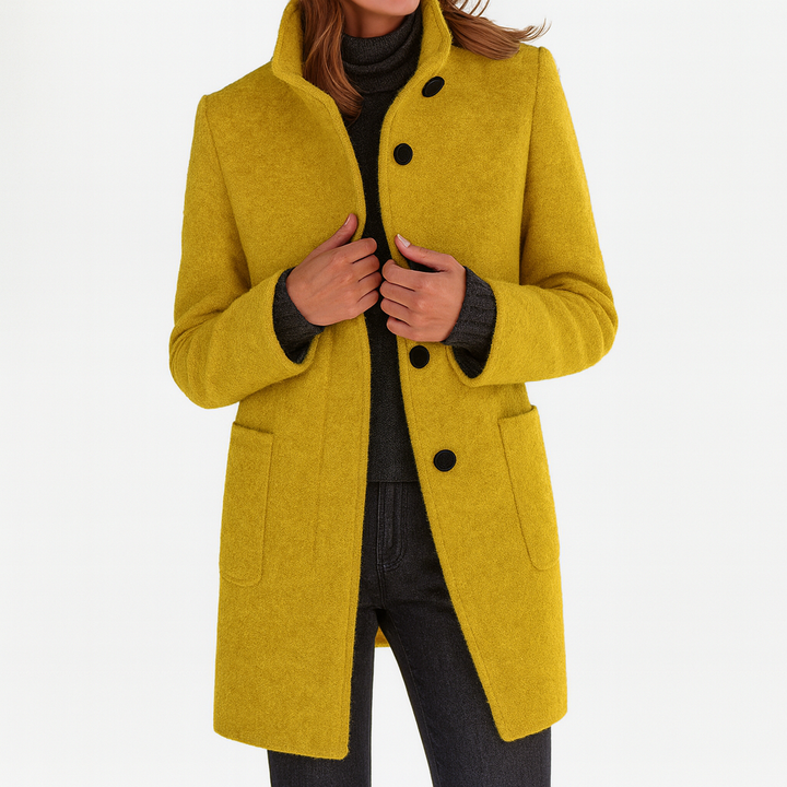 Women's Mid-Length Wool Blend Coat with Stand Collar and Patch Pockets