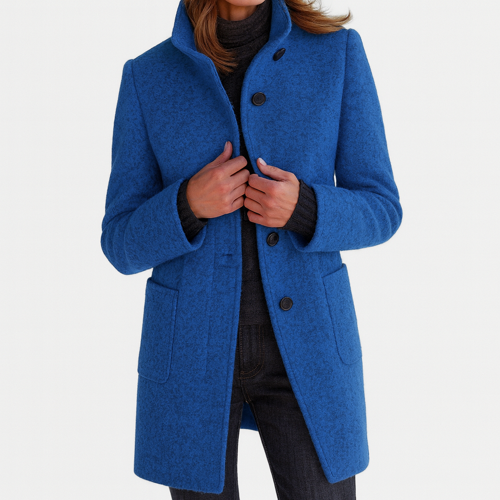 Women's Mid-Length Wool Blend Coat with Stand Collar and Patch Pockets
