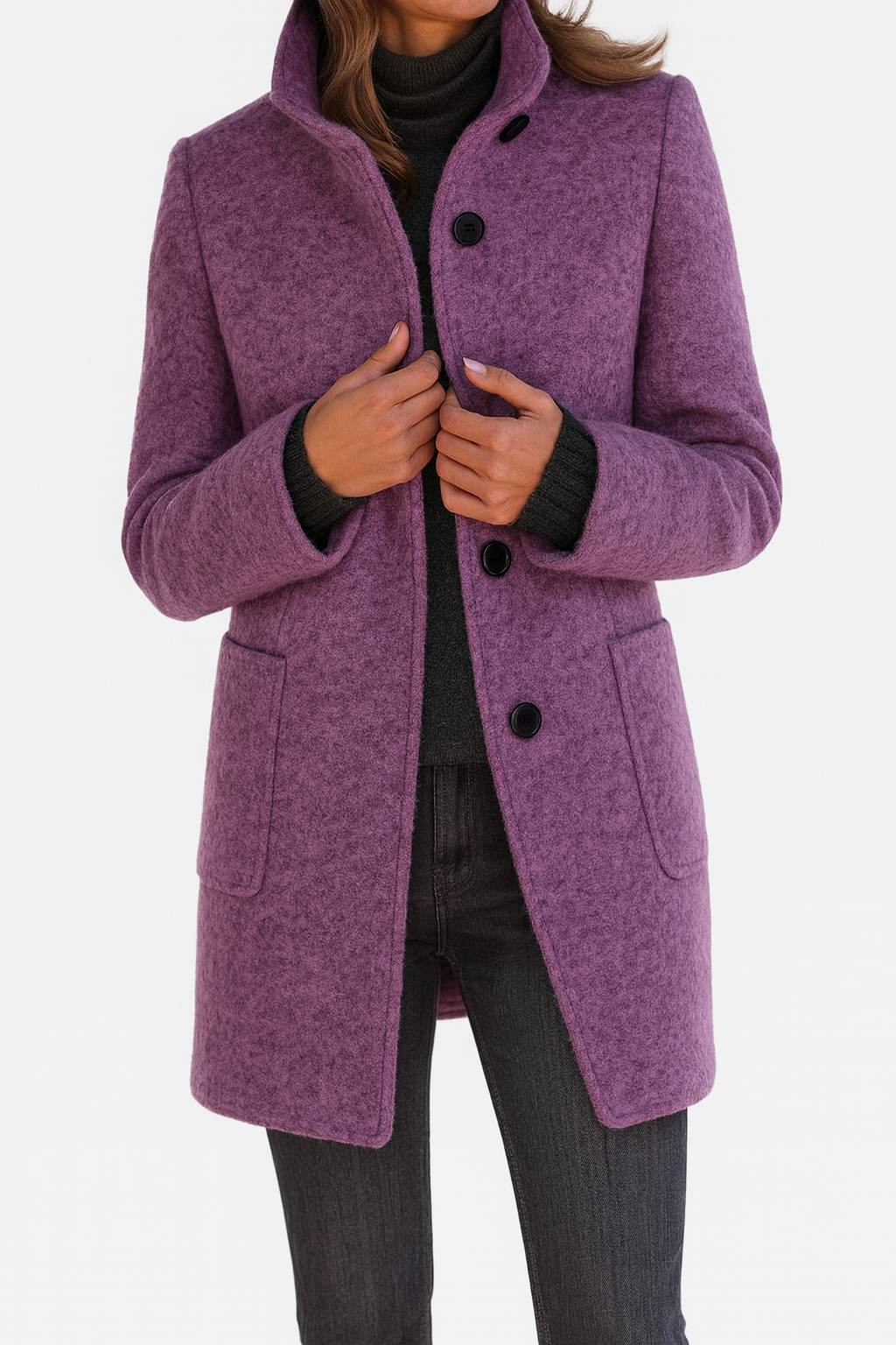 Women's Mid-Length Wool Blend Coat with Stand Collar and Patch Pockets