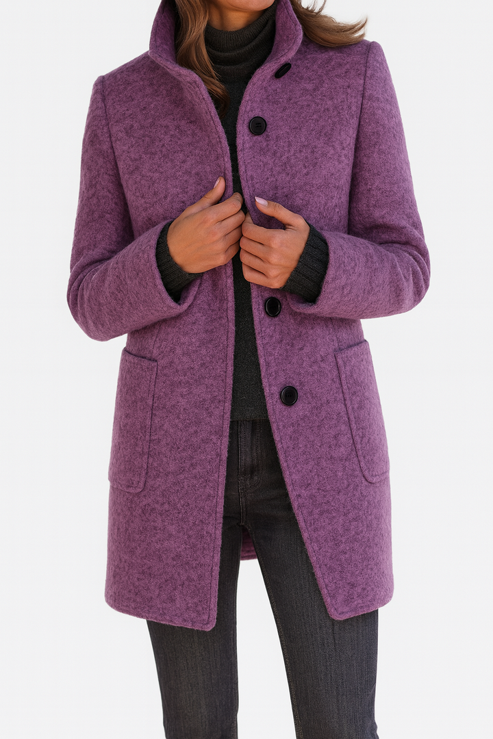 Women's Mid-Length Wool Blend Coat with Stand Collar and Patch Pockets