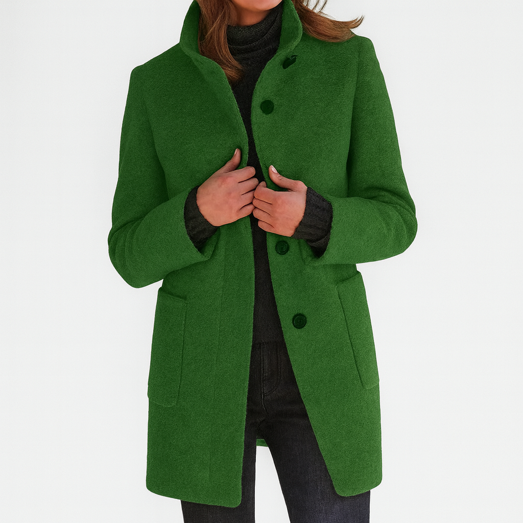 Women's Mid-Length Wool Blend Coat with Stand Collar and Patch Pockets