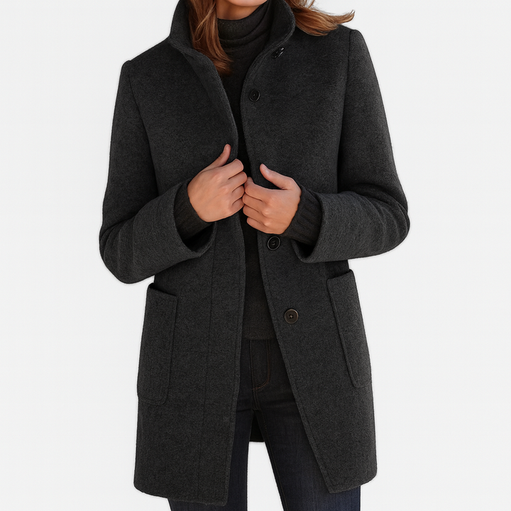 Women's Mid-Length Wool Blend Coat with Stand Collar and Patch Pockets