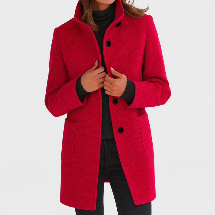 Women's Mid-Length Wool Blend Coat with Stand Collar and Patch Pockets