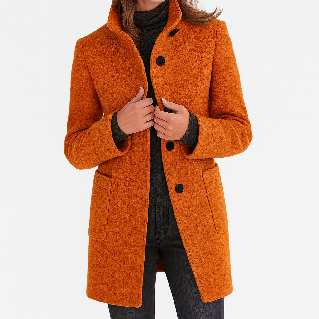 Women's Mid-Length Wool Blend Coat with Stand Collar and Patch Pockets