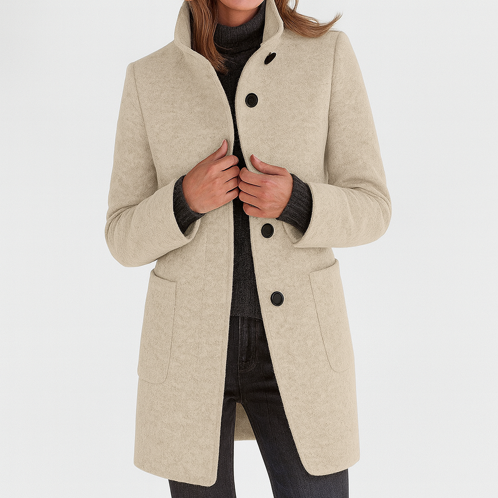 Women's Mid-Length Wool Blend Coat with Stand Collar and Patch Pockets