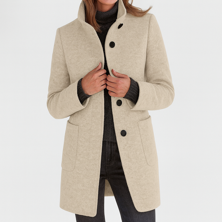 Women's Mid-Length Wool Blend Coat with Stand Collar and Patch Pockets