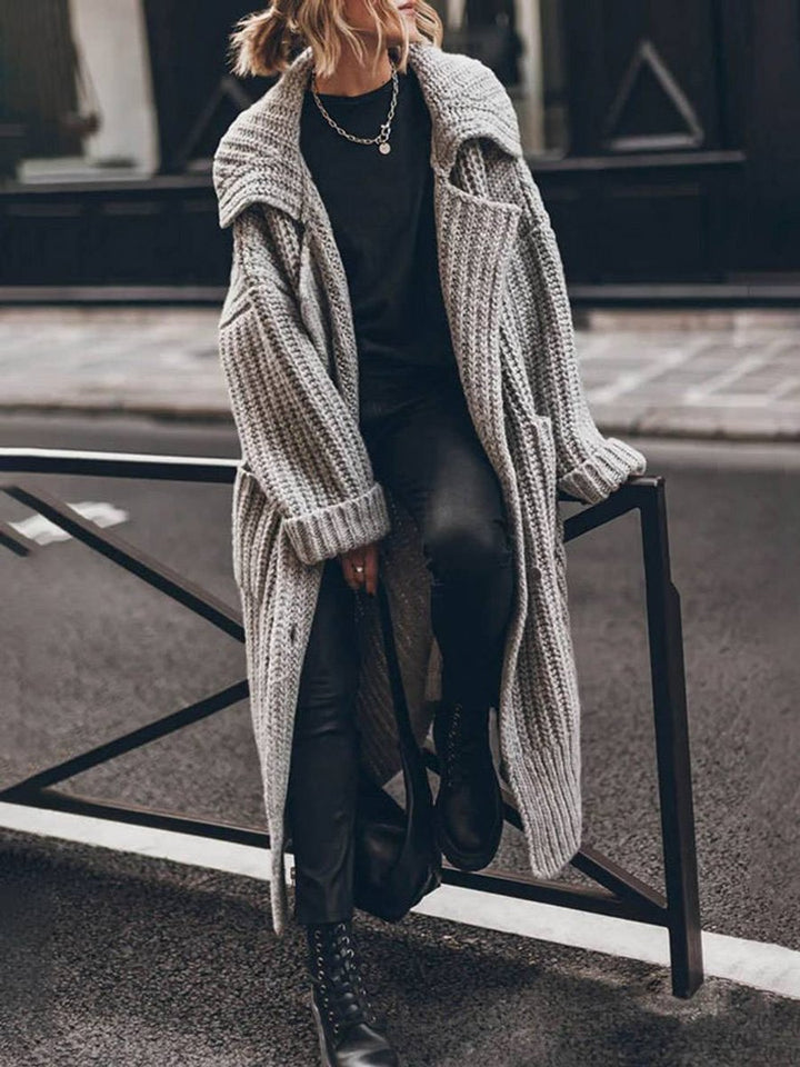 Women's Oversized Chunky Knit Lapel Longline Cardigan in Light Grey