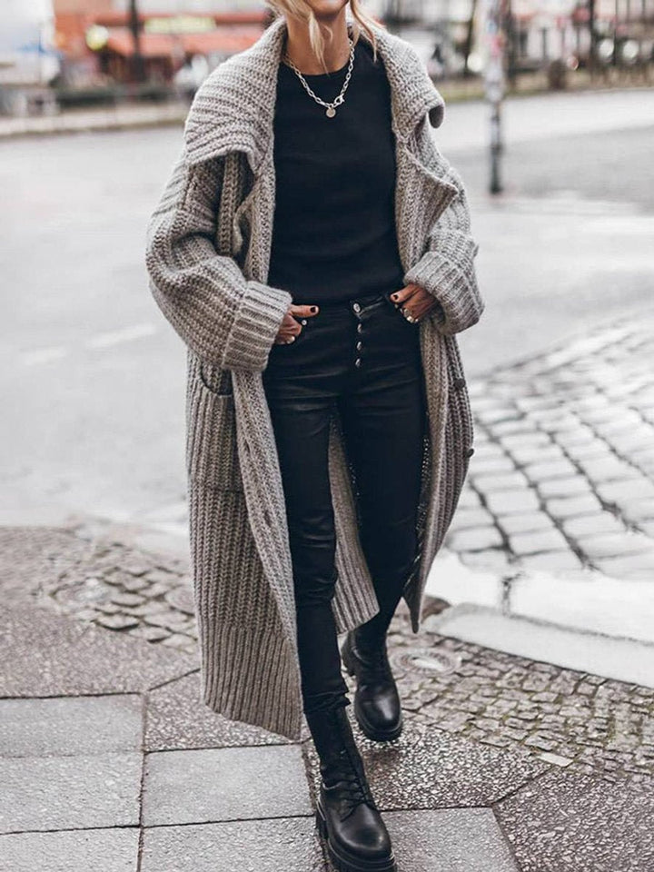 Women's Oversized Chunky Knit Lapel Longline Cardigan in Light Grey