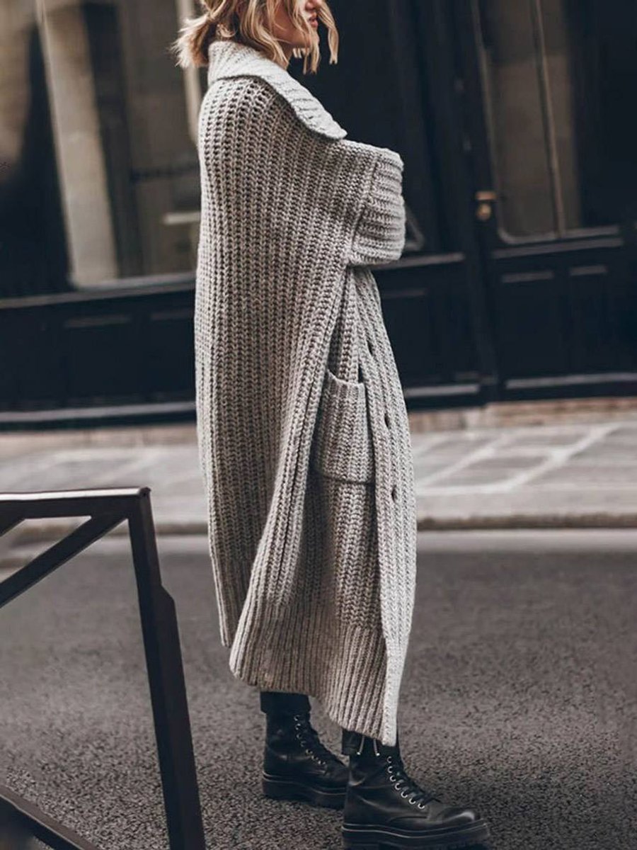 Women's Oversized Chunky Knit Lapel Longline Cardigan in Light Grey