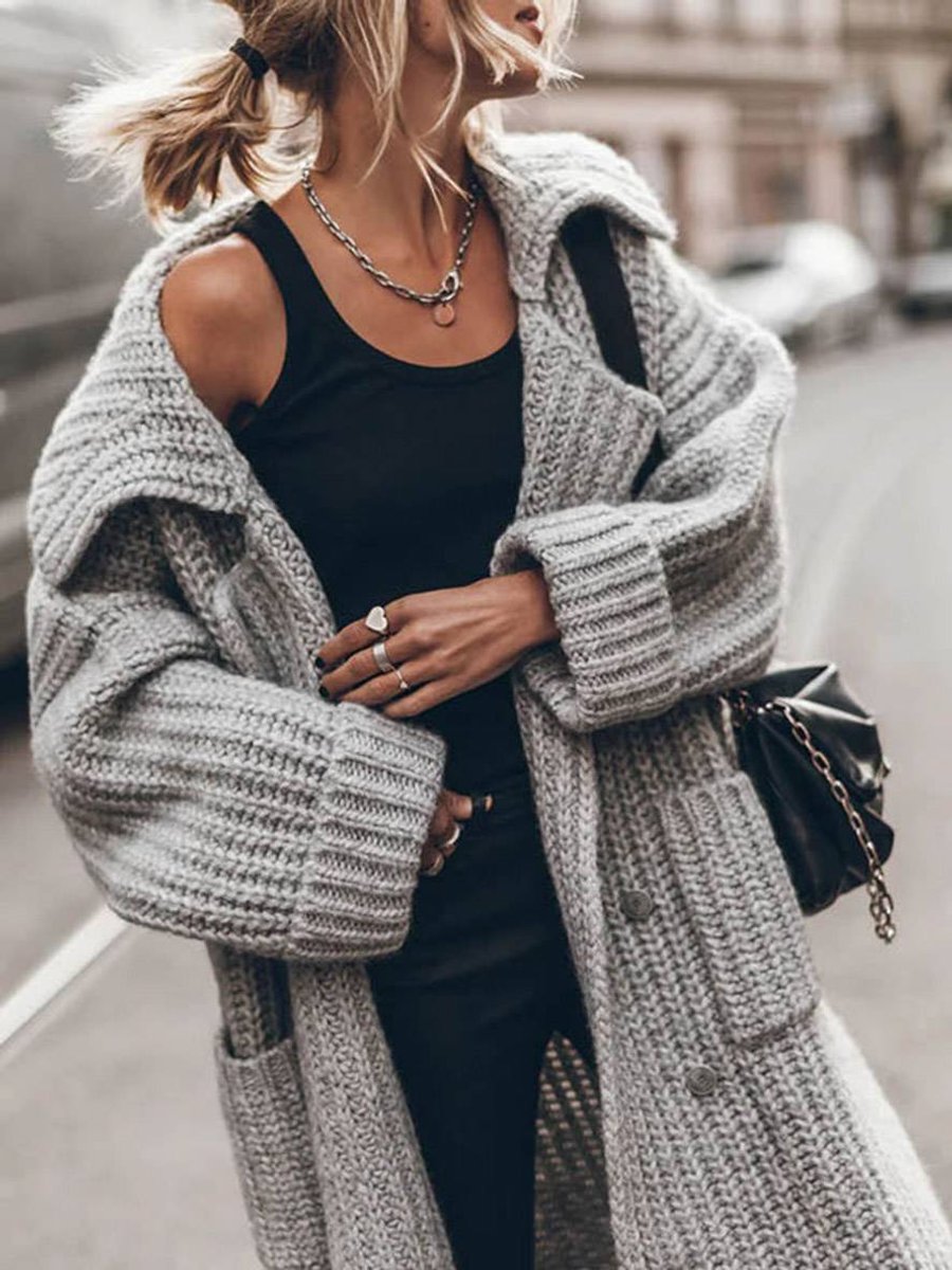 Women's Oversized Chunky Knit Lapel Longline Cardigan in Light Grey
