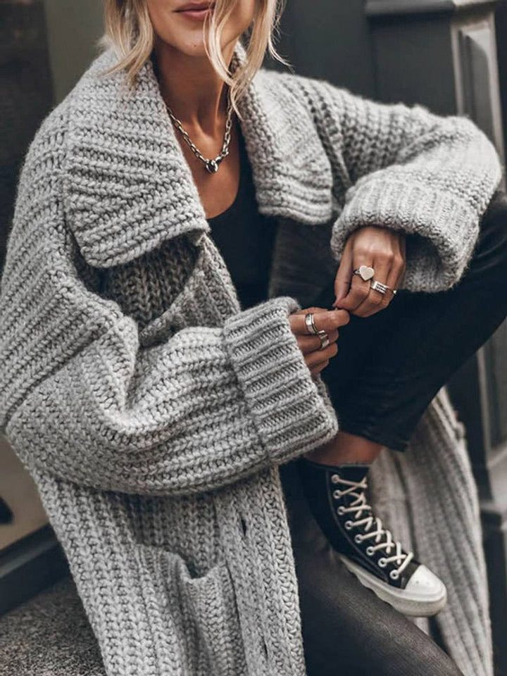 Women's Oversized Chunky Knit Lapel Longline Cardigan in Light Grey
