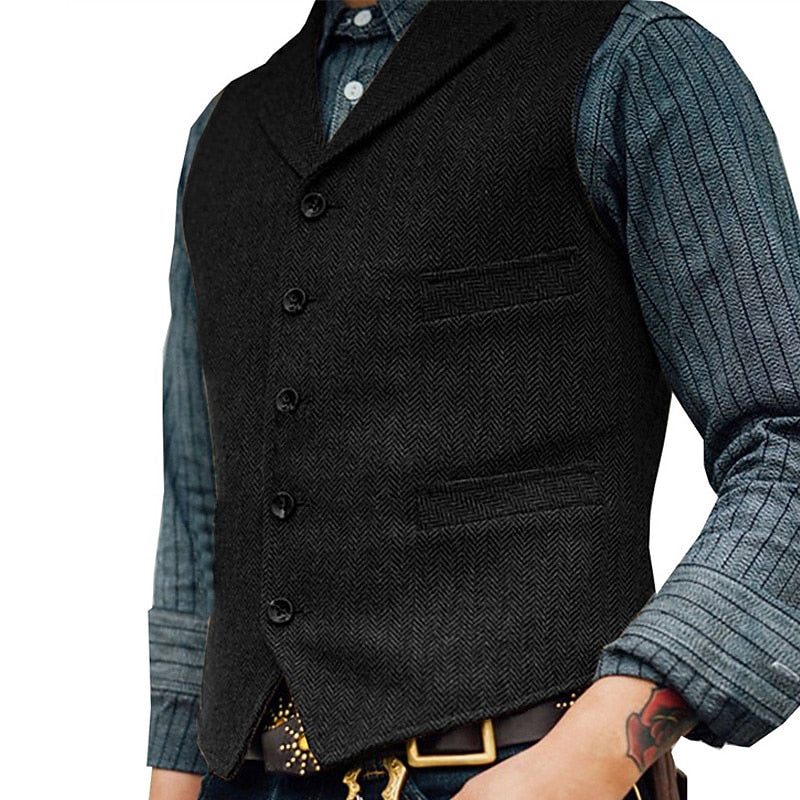 Beckett Men's Herringbone Single-Breasted Tweed Vest with Notch Lapel