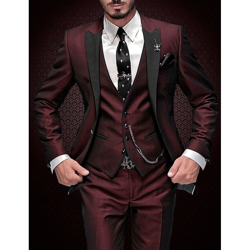 Men's 3-Piece Slim Fit Suit Set with Blazer, Waistcoat and Trousers in Burgundy